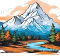 sketch of mountains with a river flowing below and trees on either side