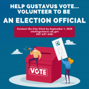 Flyer with election official information and a cartoon ballot box in the middle 