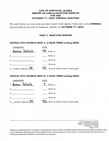 Picture of the official election results page 1 Seat A Renee Patrick, Seat B Renee Patrick