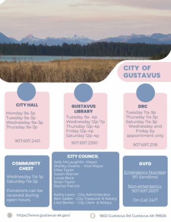 A photo showing the Gustavus beach at sunset with a list of the city departments and hours listed below. 