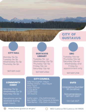 A photo showing the Gustavus beach at sunset with a list of the city departments and hours listed below. 