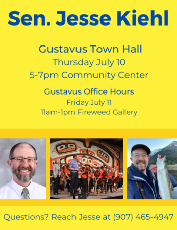 Yellow flyer advertising town hall on 7-10-25 at gcc 5pm-7pm