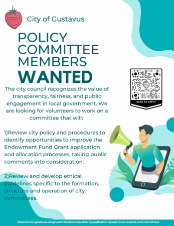 a flyer looking for community members to apply for the policy advisory committee