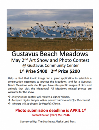 A poster with a picture of snow geese flying over the beach meadows with the ocean and mountians in the background. 