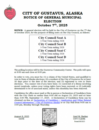 Picture of flyer with City of Gustavus election notice information 2025