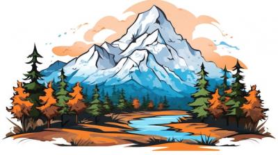 sketch of mountains with a river flowing below and trees on either side